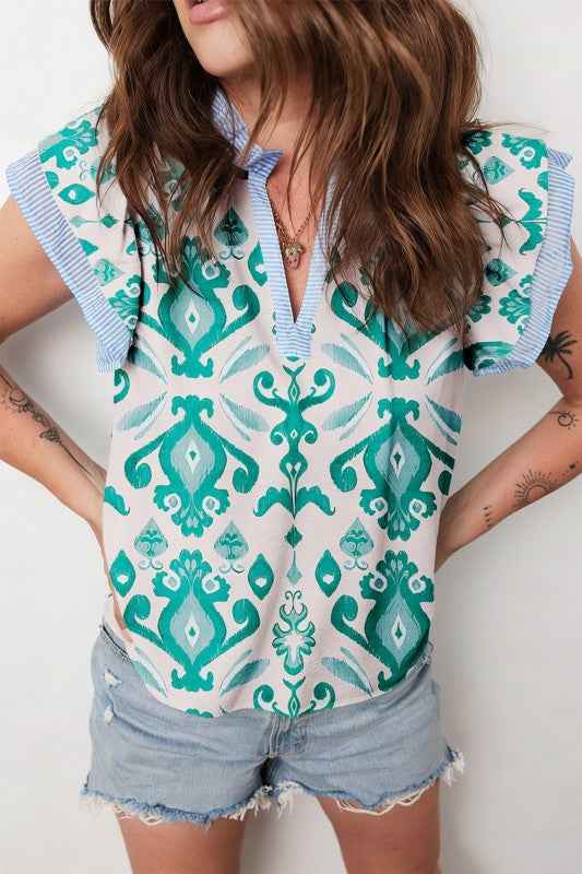 Boho Stripe Trim Flutter Sleeve Top Sky Blue a26ccce4-0156-4f38-a497-f2d97f602f34