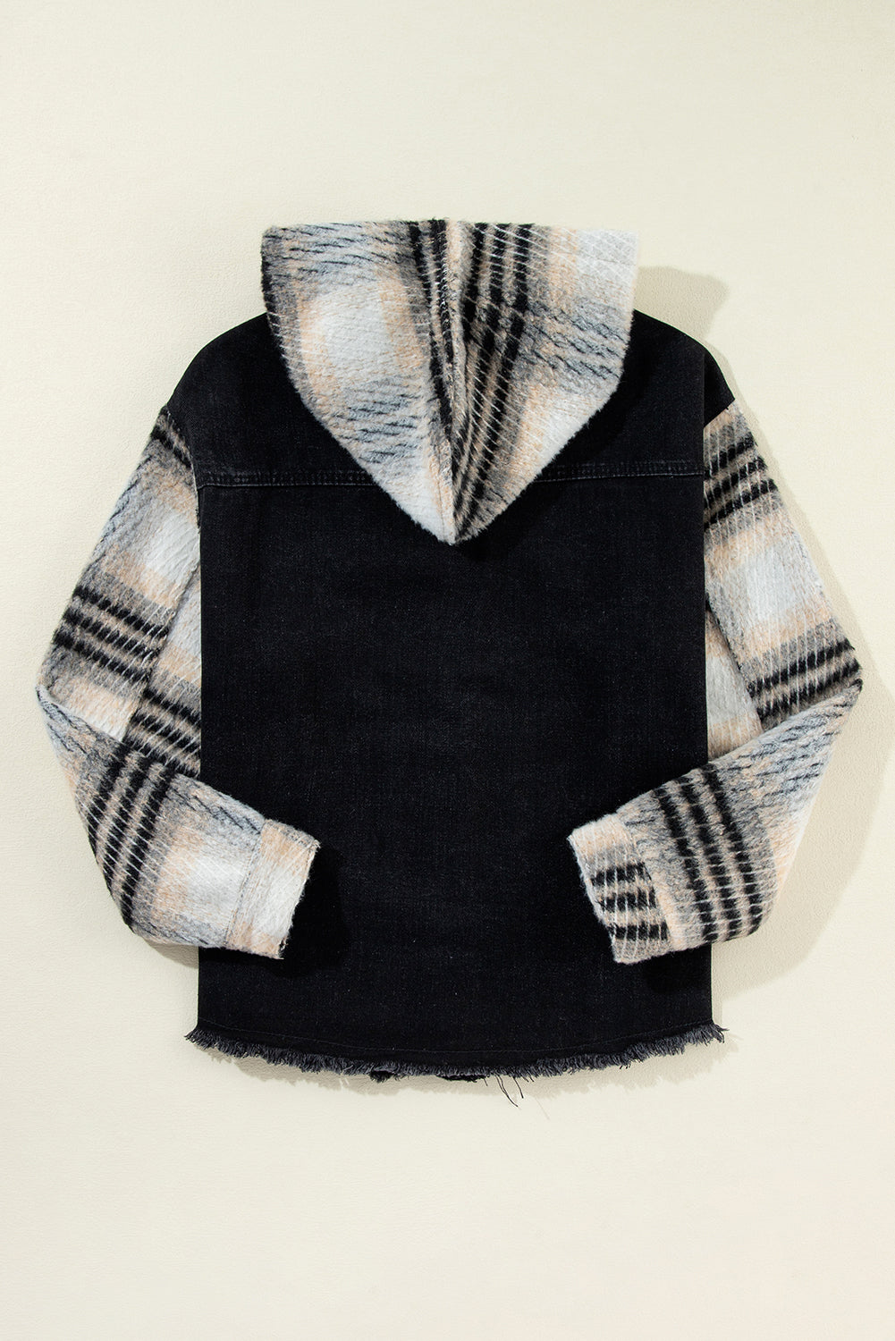 Black Patchwork Plaid Sleeve Frayed Hem Hooded Denim Jacket a276a08c10801a19