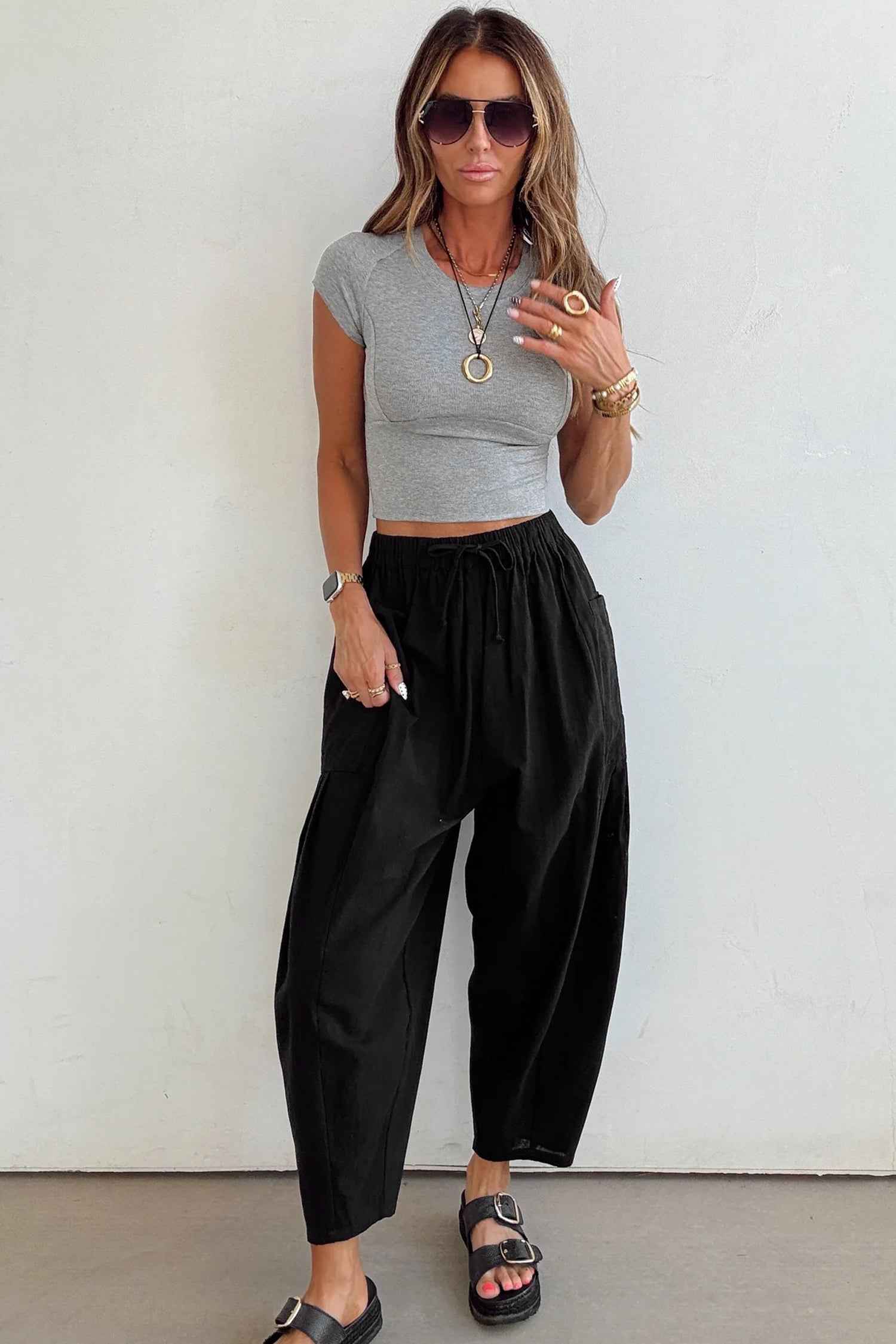 Black Drawstring Elastic Waist Patch Pocket Barrel Leg Casual Pants a27c2c7a04c96fff