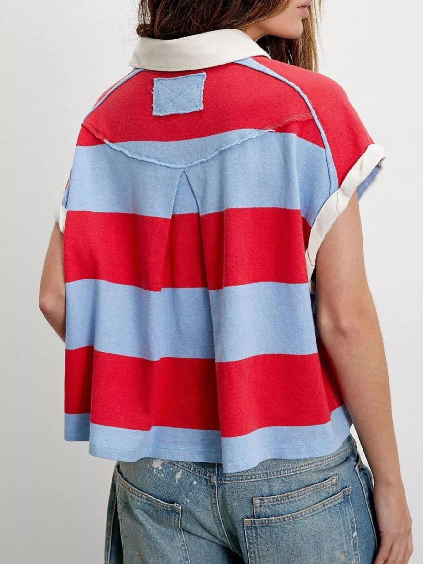 Half Button Striped Short Sleeve Cropped Polo Shirt a282bf28-2da1-45f7-9fd0-69b41aea2c45-Max-Origin