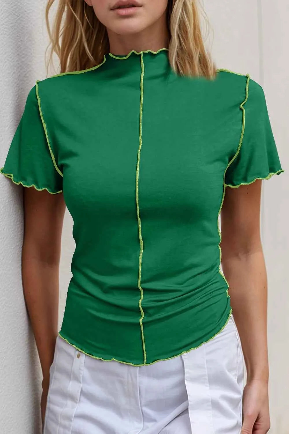 Basic Bae Contrast Trim Mock Neck Short Sleeve T-Shirt Dark Green a28655dc-90fc-45d7-86fd-0defcb2d8cfa-Max