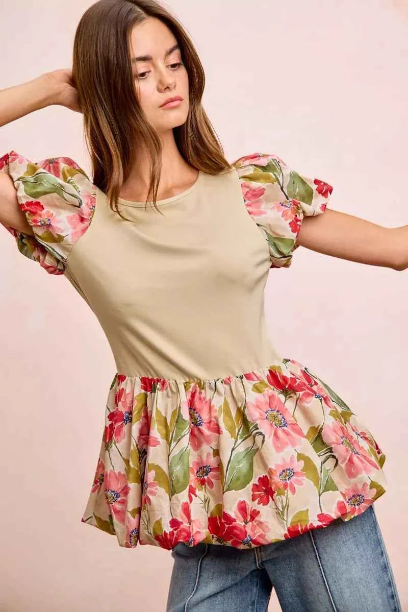 BiBi Floral Printed Bubble Sleeves and Hem Peplum Top a28ac3667c0a41209a0e632bed2dd8f1-Max-Origin