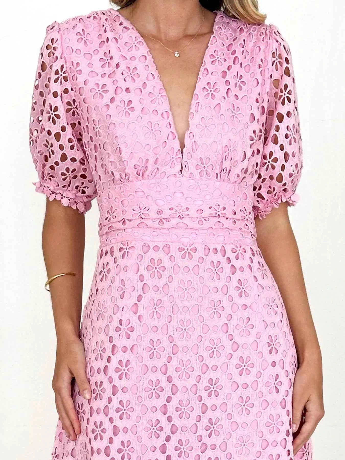 Eyelet Lace V-Neck Midi Dress with Puff Sleeves a28c5551-04b8-41f4-ad16-0b566cc1e6c5-Max-Origin