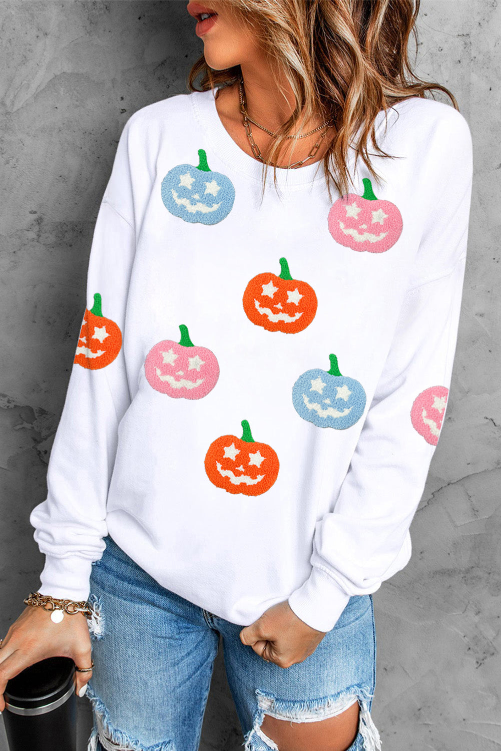 White Cute Halloween Pumpkin Sequins Patch Graphic Sweatshirt a28c665416b0278b