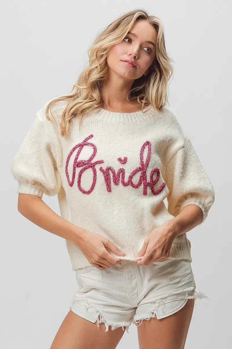 BiBi Metallic Letter Short Puff Sleeve Hairy Sweater IVORY a28c75a394b243b0a7f154efecee32a1-Max-Origin