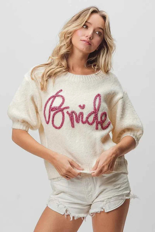BiBi Metallic Letter Short Puff Sleeve Hairy Sweater IVORY a28c75a394b243b0a7f154efecee32a1-Max-Origin