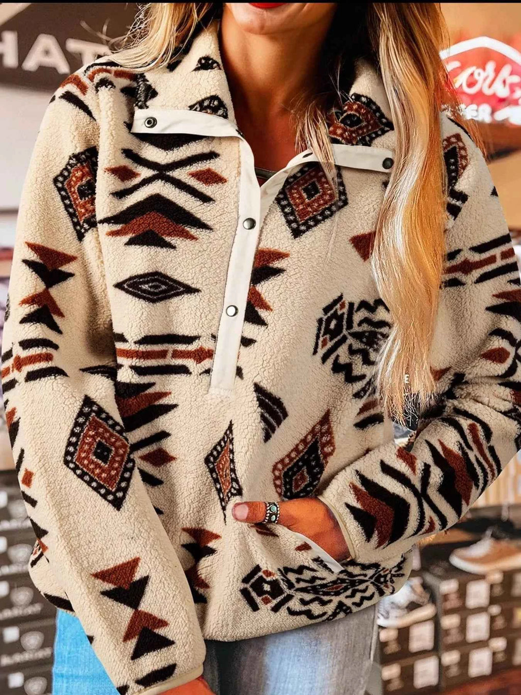 Western Aztec Half Zip Plush Sweatshirt Beige a28d6d32-45ab-4694-9786-4c9d5739099f-Max-Origin