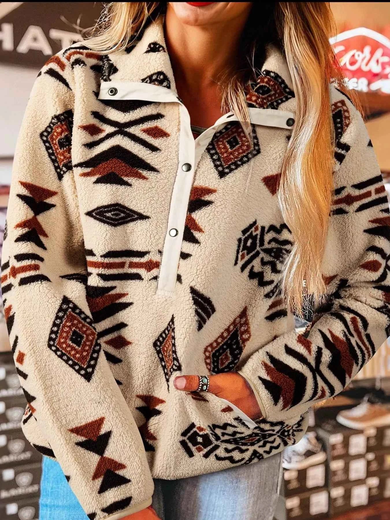 Western Aztec Half Zip Plush Sweatshirt Beige a28d6d32-45ab-4694-9786-4c9d5739099f-Max-Origin