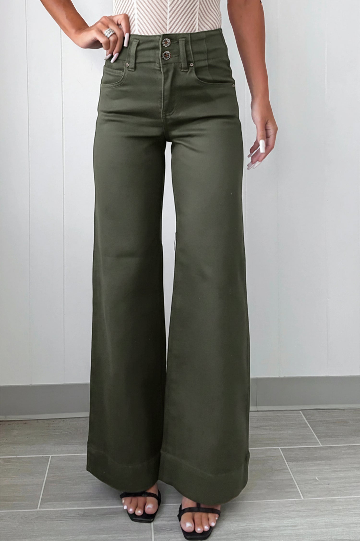 Bonbon 2-Button High Waist Flared Bottom Jeans Mist Green 65%Cotton+33%Polyester+2%Elastane a293db7add21883b