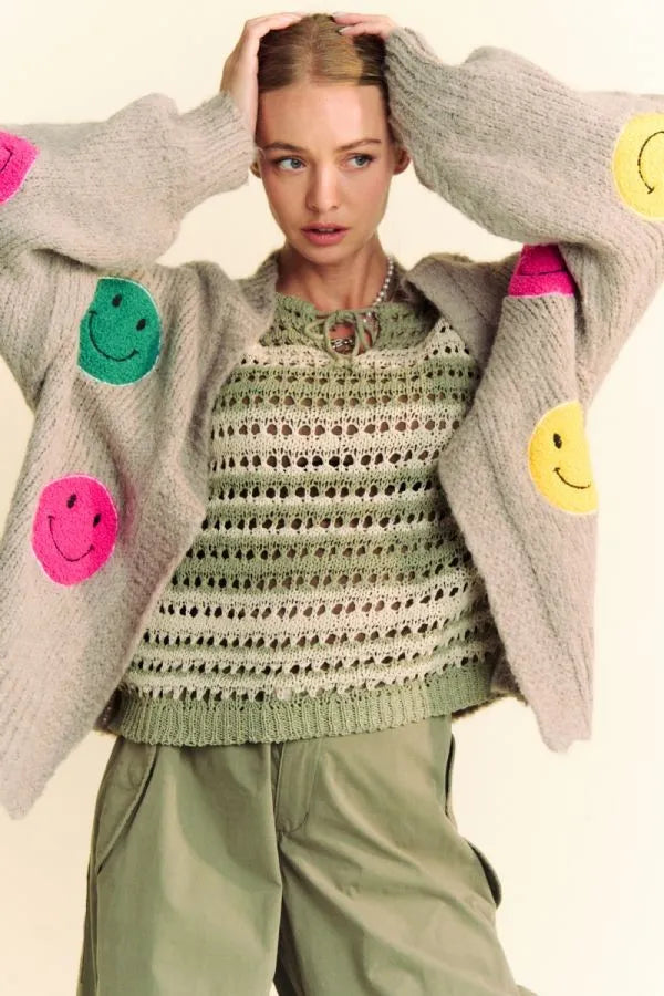 Davi & Dani Fuzzy Smile Open Front Long Sleeve Cardigan Gray a2977b12-eccd-442c-b1b3-33dded2cce5d-Max