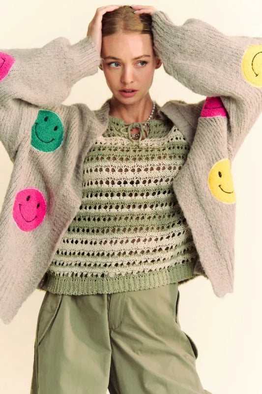 Davi & Dani Fuzzy Smile Open Front Long Sleeve Cardigan Gray a2977b12-eccd-442c-b1b3-33dded2cce5d-Max