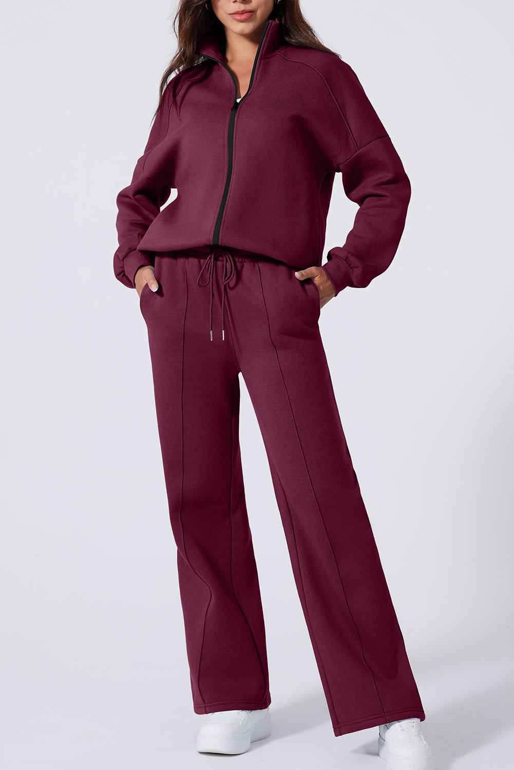 Burgundy Drop Shoulder Zip Up Jacket Drawstring Pants Active 2pcs Set Burgundy 50%Polyester+50%Cotton a29f5c6455e64a56