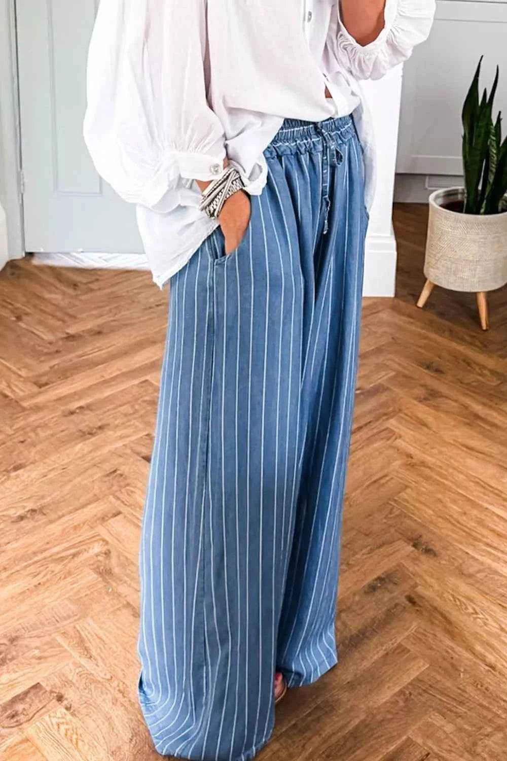 Stripe Chambray Wide Leg Tied Elastic Waist Jeans a29f9a8d-a4b7-41dc-8e7c-bcc167fa0eb8-Max-Origin