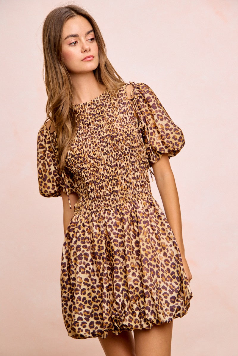 BiBi Leopard Bow Tie Attachable Puff Sleeves Dress a2a5b27c2d45438abada9aff90bd45a4-Max