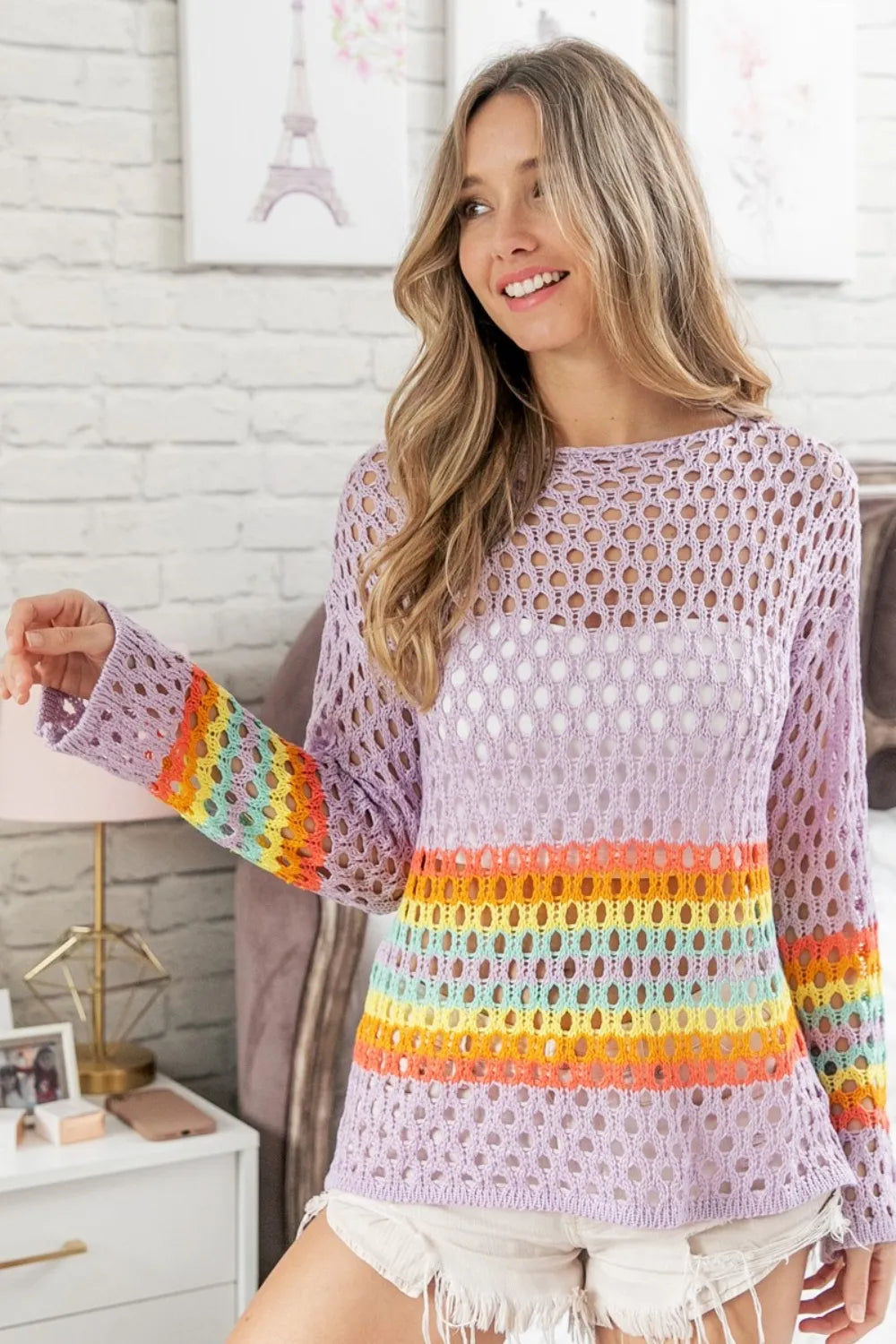 BiBi Rainbow Stripe Hollow Out Cover Up a2aa9733-0d3f-49e6-8f63-8affcff85364-Max