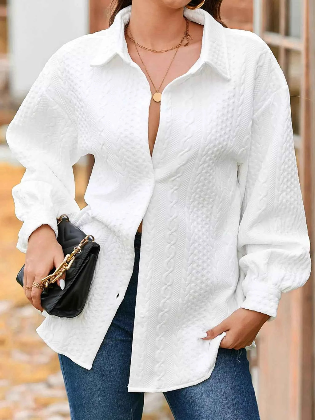 Cable Texture Puff Sleeve Loose Shacket a2acb181-c6be-46e9-8ff6-45d446f05228-Max-Origin