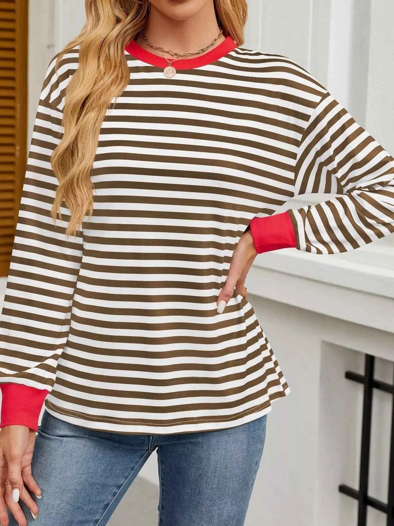 Striped Round Neck Long Sleeve T-Shirt Brown a2b04835f57a429e9359530c71011578-Max-Origin