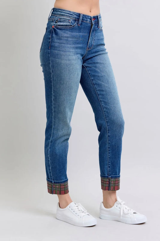 Full Size Plaid Print Cuff Straight Leg Jeans with Pockets a2b0ed95-b6eb-4295-89e0-62310370f430-Max