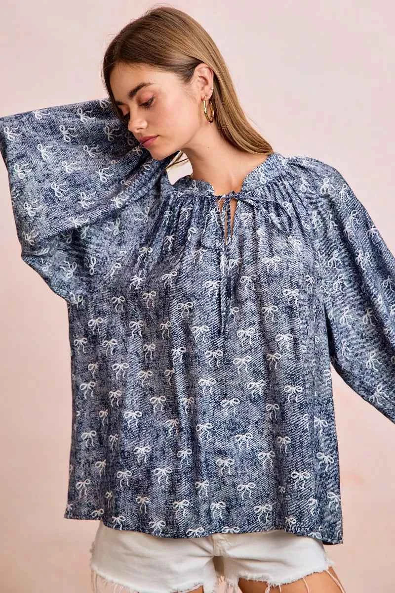 BiBi Ribbon Bow Print Exaggerated Balloon Sleeves Top a2bc9ac47adf48a9bc43350473b969c6-Max-Origin