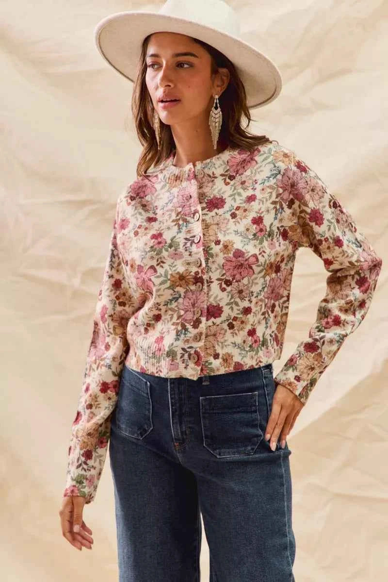 SO ME Floral Print Button Front Sweater Cardigan a2be31fe3046498f9d0c3e4736509f59-Max-Origin