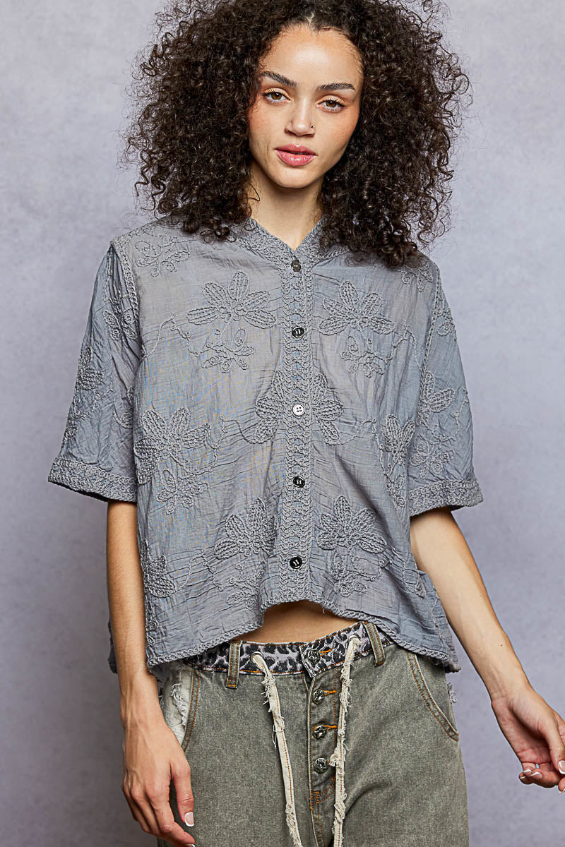 POL Button Front Floral Stitching Breathable Hooded Shirt HEATHER GREY One Size a2c95002-cf35-4b3e-8be2-4deaac714c89-Max