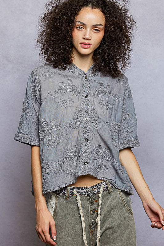 POL Button Front Floral Stitching Breathable Hooded Shirt HEATHER GREY One Size a2c95002-cf35-4b3e-8be2-4deaac714c89-Max