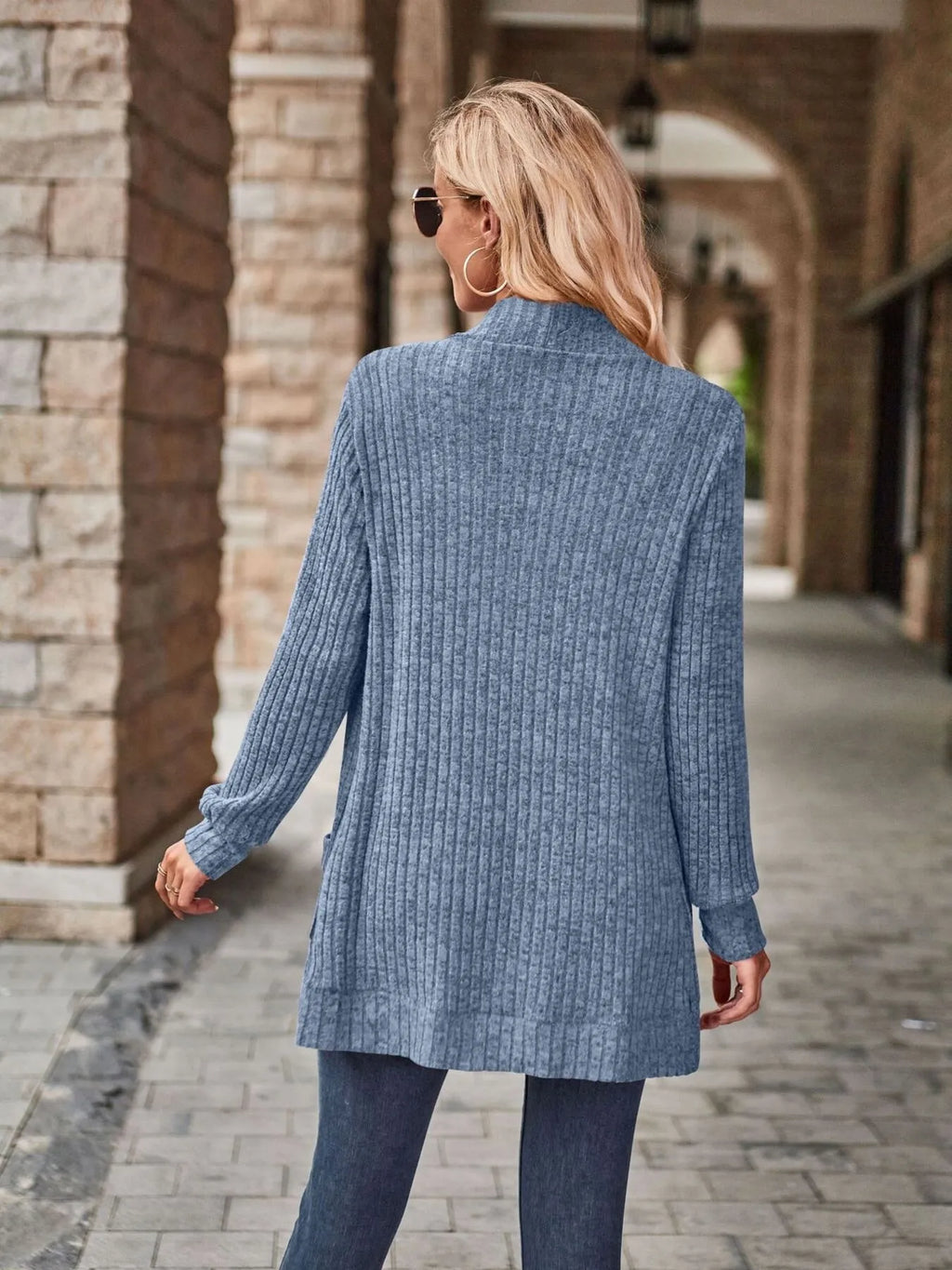 Ribbed Open Front Long Cardigan with Pockets a2cbbe411bc94c8f93e770329923000b-Max-Origin