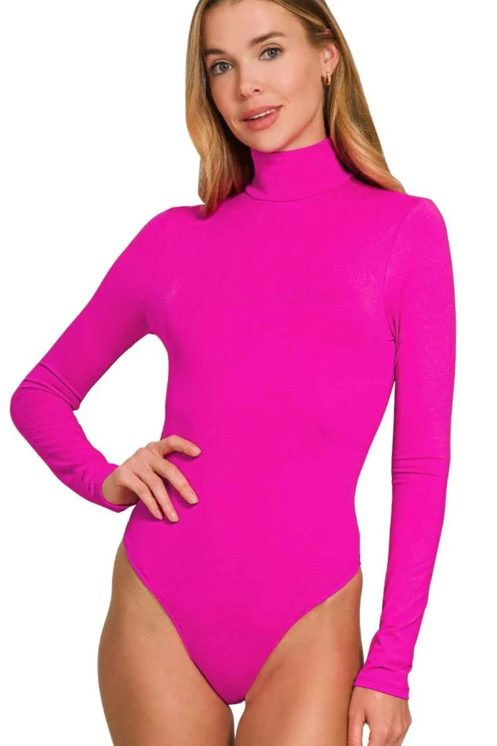 Zenana Mock Neck Long Sleeve Bodysuit NEON HOT PINK a2d0efec-7bc9-40d3-9286-f92db90b47f8-Max-Origin