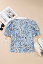 Floral Stripe Polo Collar Short Sleeve Blouse a2dad30e-8dd2-4f83-9bdc-6fa2ad5b34d3