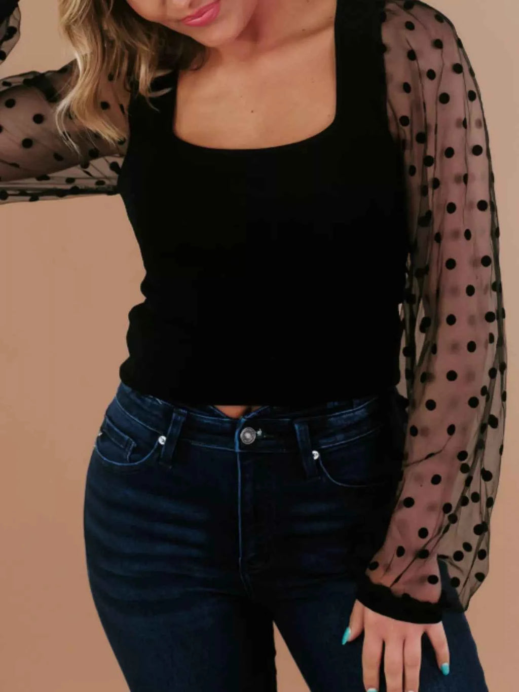 Mesh Patchwork Square Neck Blouse Black a2df70ff-e8ba-4797-b551-cd684c8a966a-Max-Origin