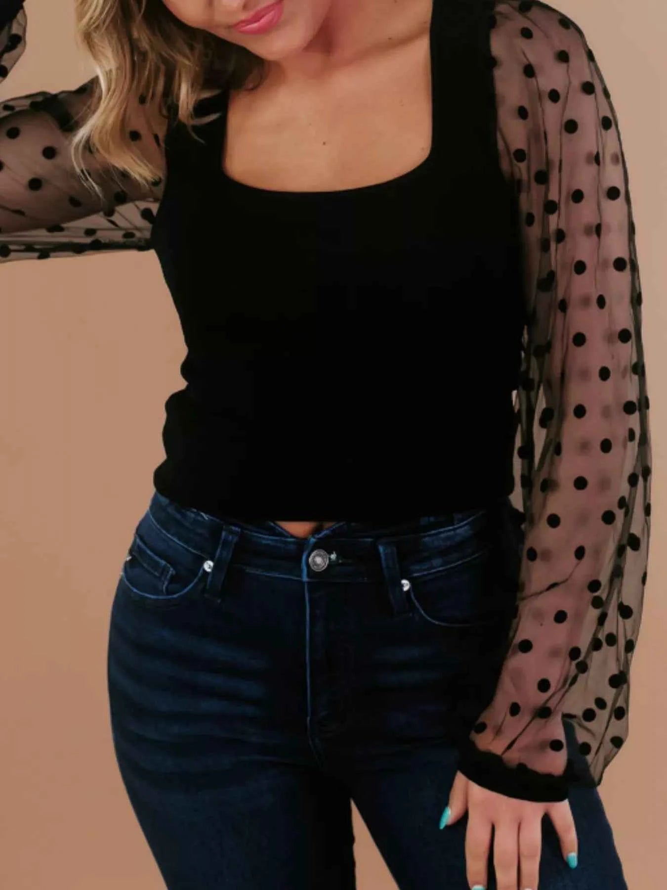 Mesh Patchwork Square Neck Blouse Black a2df70ff-e8ba-4797-b551-cd684c8a966a-Max-Origin