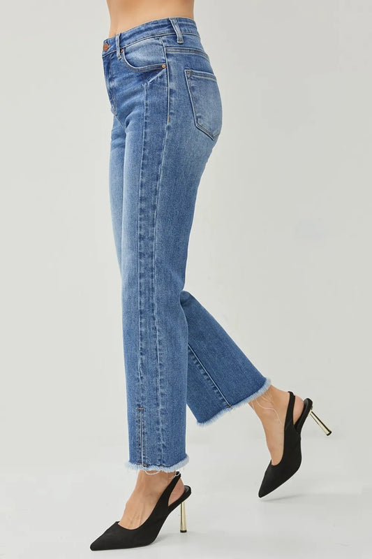 High Waist Raw Hem Slit Straight Jeans a2e16156-98b6-4b84-9277-6d07cb512242-Max