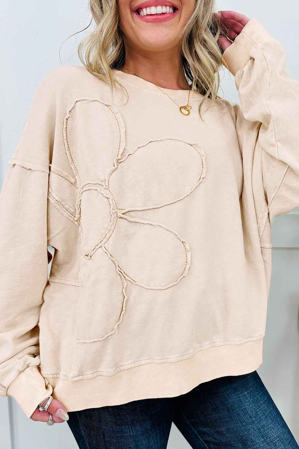 Beige Flower Pattern Round Neck Long Sleeve Plus Size Top Beige 80%Polyester+15%Cotton+5%Elastane a2e1be59189b378b
