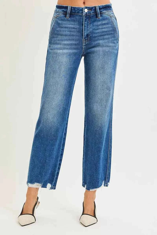 RISEN High Rise Ankle Straight Distressed Hem Detail Jeans DARK a2e62df1bf834647995bc2cbe76bfaa3-Max-Origin