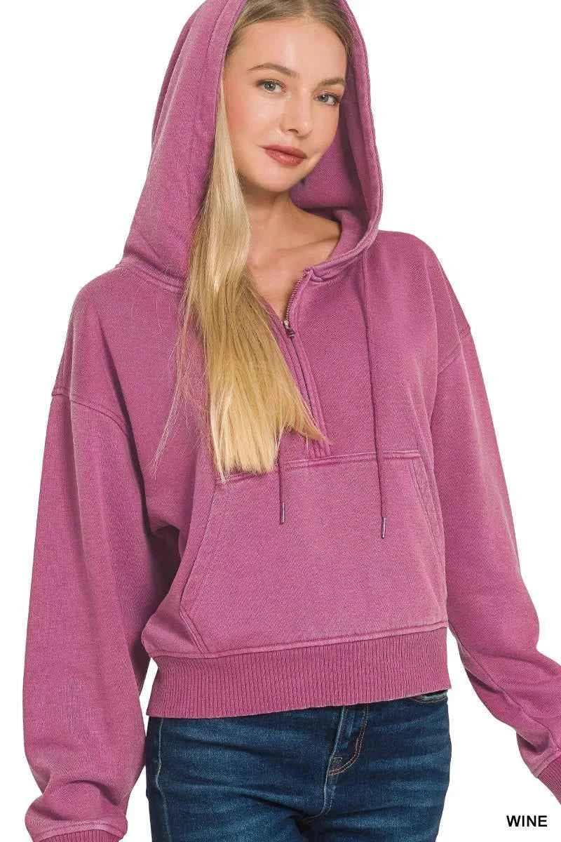 Zenana Fleece Pigment Dye Half Zip Kangaroo Pocket Hoodie WINE a2e9f9777230442593e9187cfa105858-Max-Origin