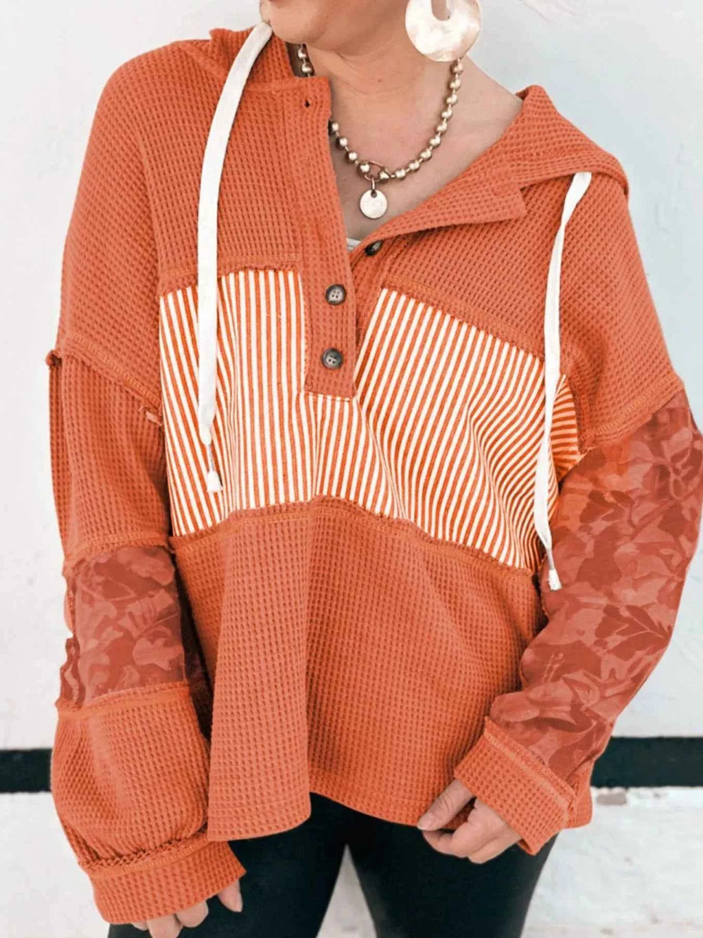 Waffle Knit Color Block Striped Drawstring Hoodie a2f5f2f9-1a2b-4692-b97b-2669b39e095b-Max-Origin