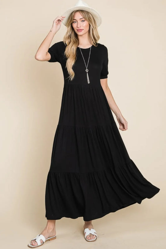Short Sleeve Tiered Maxi Dress - Ruched Flowy Style a2f76577-d63d-4db2-92a0-3d3cd2f1b95a-Max