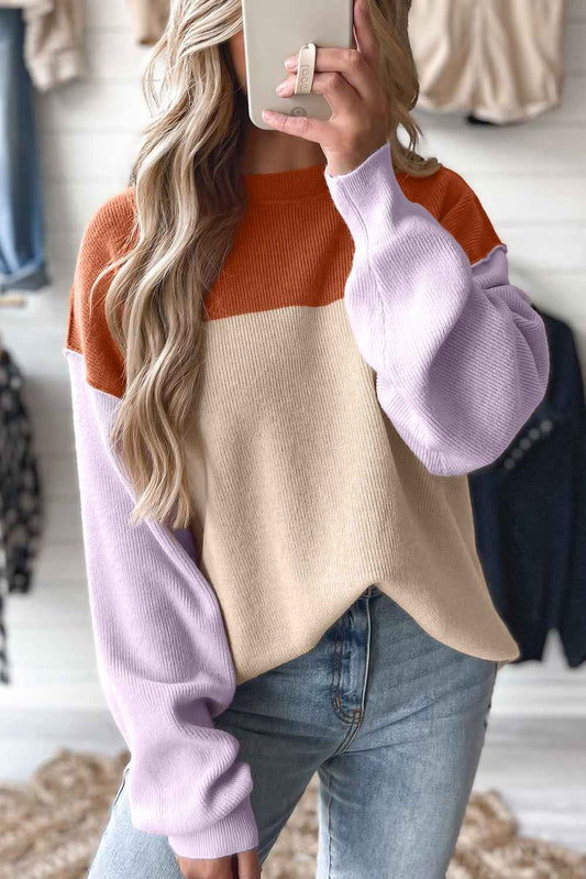 Khaki Colorblock Ribbed Knit Baggy Sweater Khaki 52%Viscose+26%Polyester+22%Polyamide a2fc93019455cf48