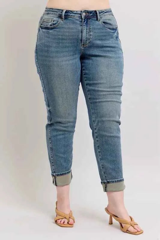 Judy Blue Full Size Mid Rise Vintage Wash Double Roll Cuff Boyfriend Jeans Plus Size a302a2e9-3a94-458a-9ce5-34e12183c332-Max-Origin
