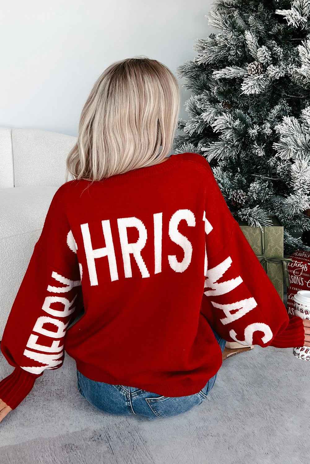 Fiery Red MERRY CHRISTMAS HO HO HO Drop Shoulder Loose Sweater a302f6ef10fa80a4