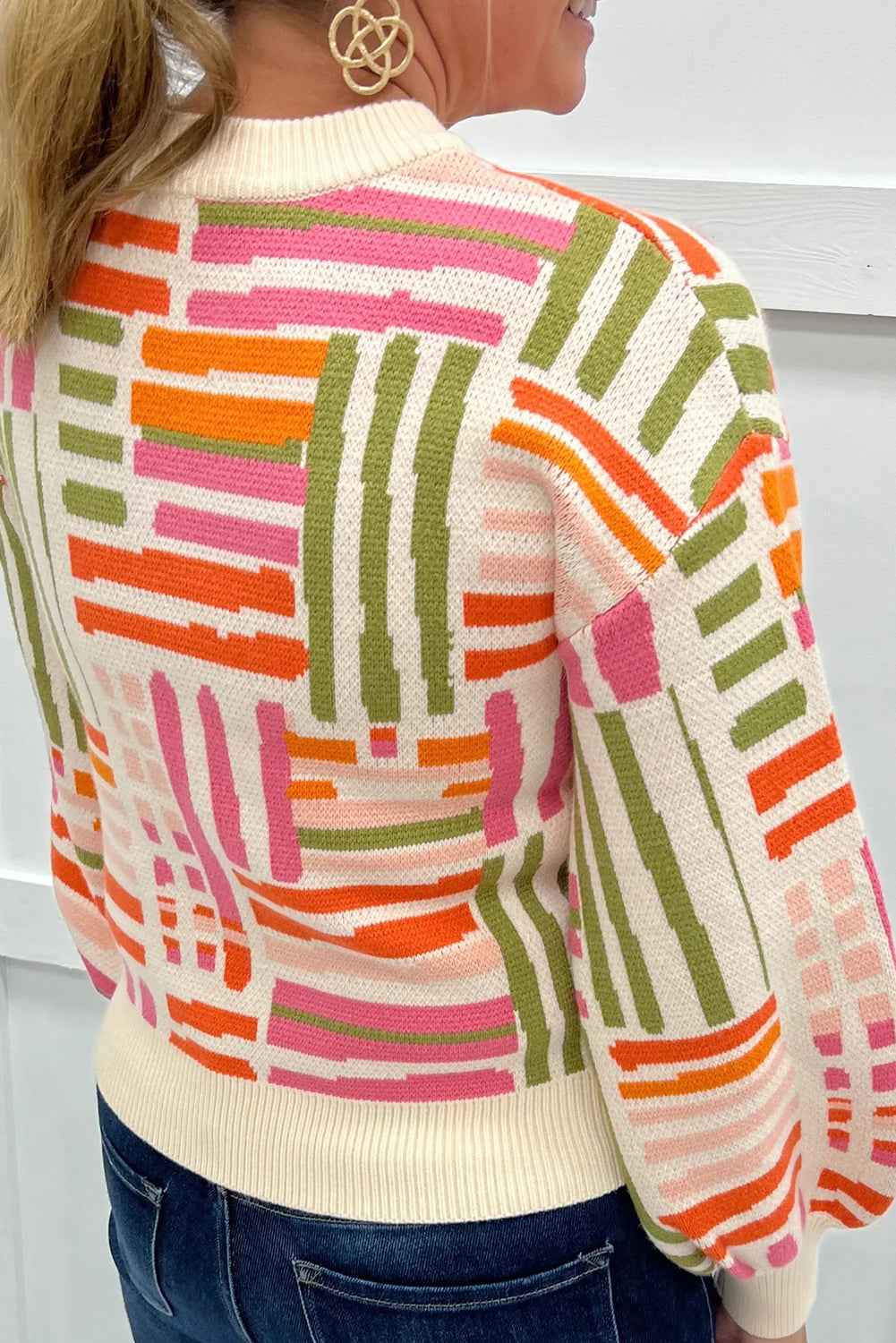 Rose Love Lines Pattern Crew Neck Puff Sleeve Sweater a303995d58256e93