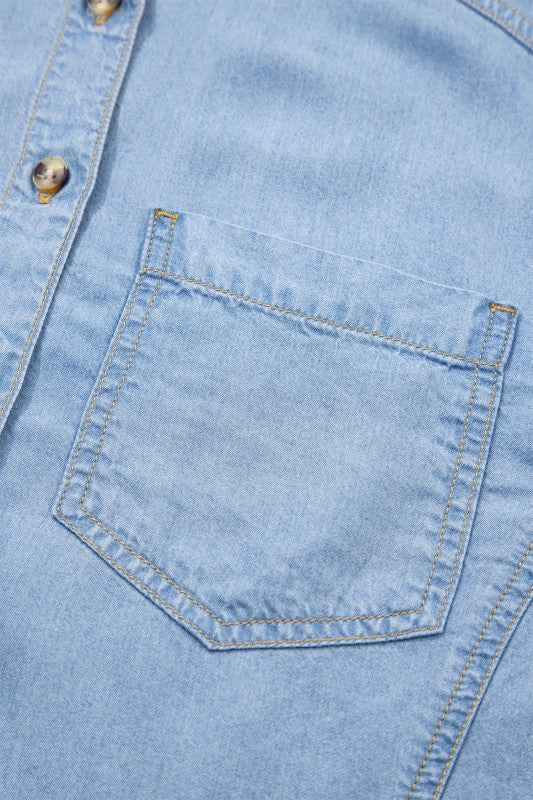 Denim Chambray Ruffle 3/4 Sleeve Buttoned Shirt a307b621-07d9-4f19-a376-b50cdf3a17ae