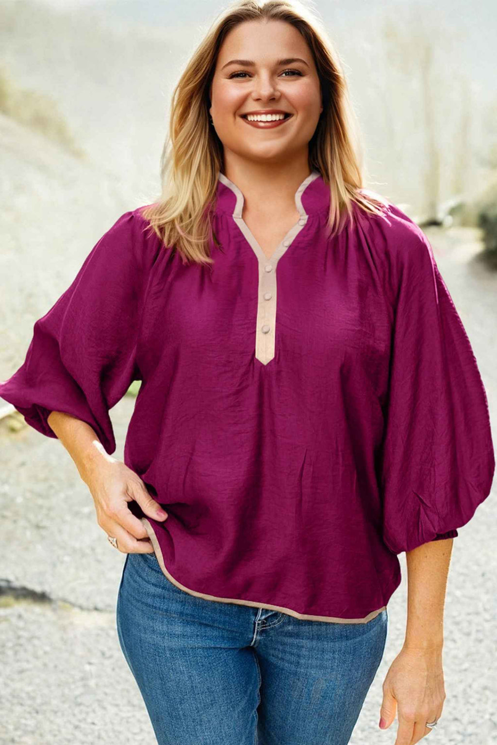 Wild Ginger Plus Size Contrast Trim Button V Neck Puffy Bracelet Sleeve Blouse a30b3b7d7f84a5d6