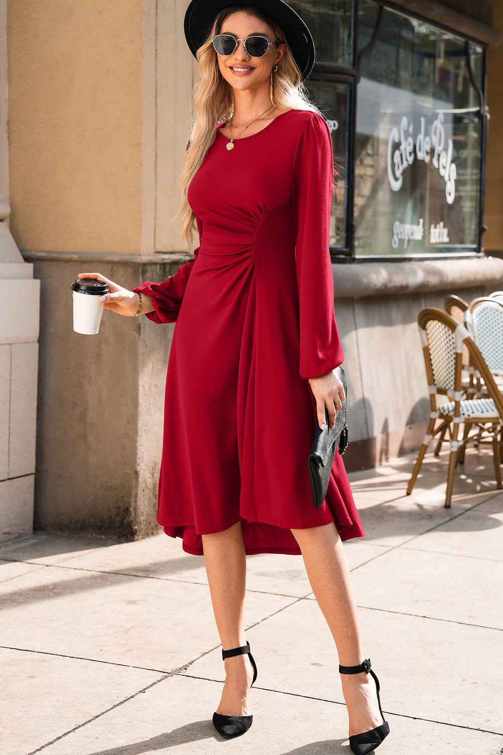 Fiery Red Solid Color Ruched Detail Long Sleeve Midi Dress a30cc26baa4a38f4