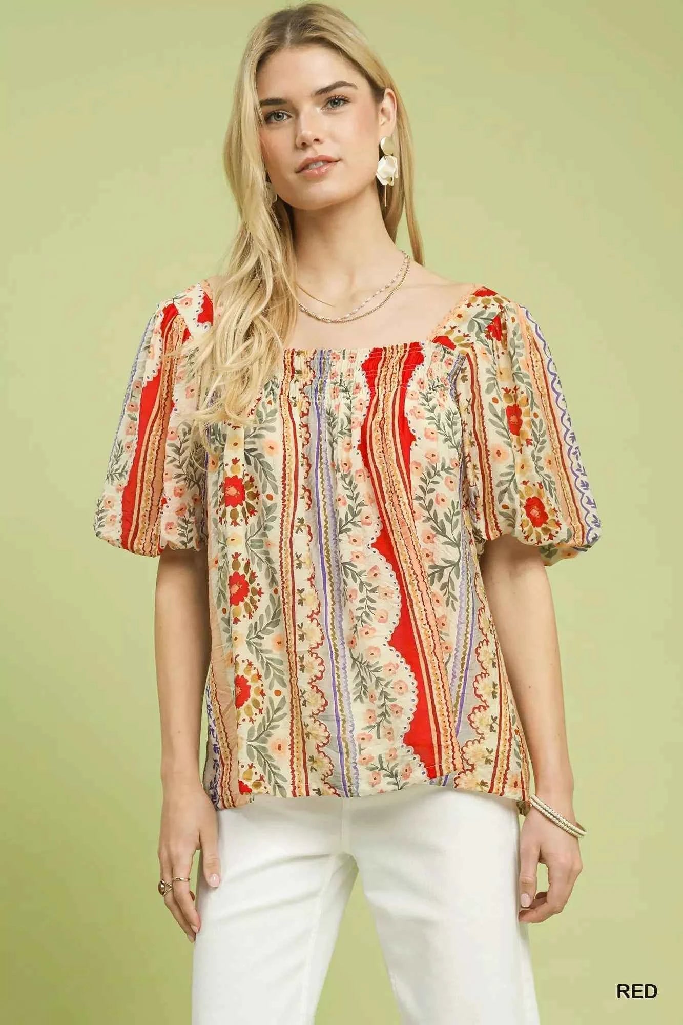 Umgee Patchwork Puff Sleeve Smocked Blouse Red a30f35d0-a261-4224-b440-bb3cad635489-Max-Origin