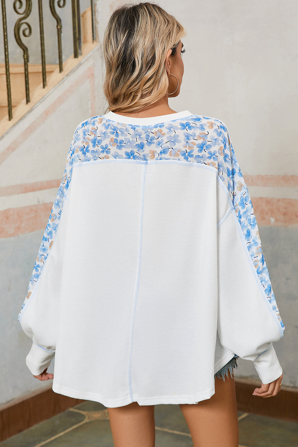 White Abstract Patchwork Waffle V Neck Dolman Top a311c20a38a7f254