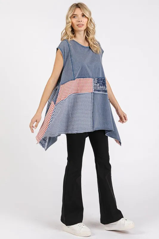 Patchwork Mineral Washed Round Neck Cap Sleeve Top a314d95c-785c-4d1b-b064-87b1ac0a09cc-Max
