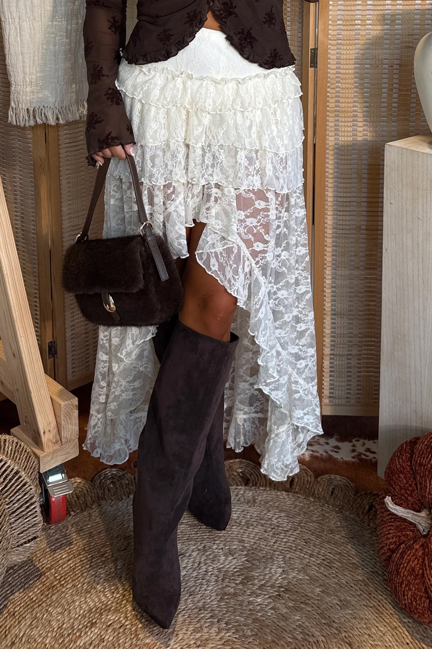 White Sheer Lace Frilly Ruffles High Low Long Skirt a315cddf0b81b196