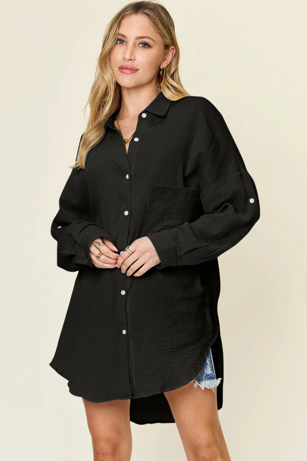 Double Take Full Size Pocketed Texture Button Up Shirt Black a318b03e-7c8b-413d-a18e-b6edb5407161-Max
