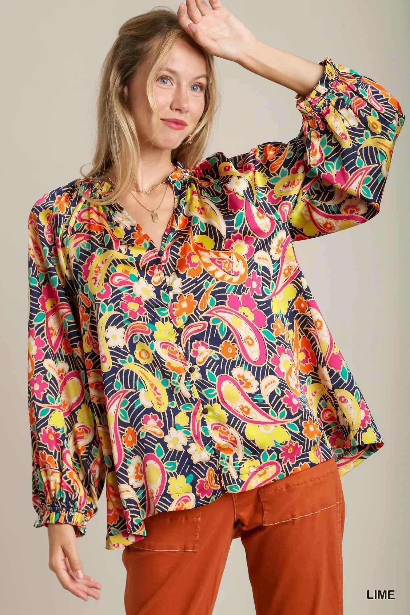 Umgee Full Size Satin Paisley Ruffle Neck Button-Up Shirt Plus Size Lime a3205608-585c-465a-9261-a9cd48609e2f-Max-Origin